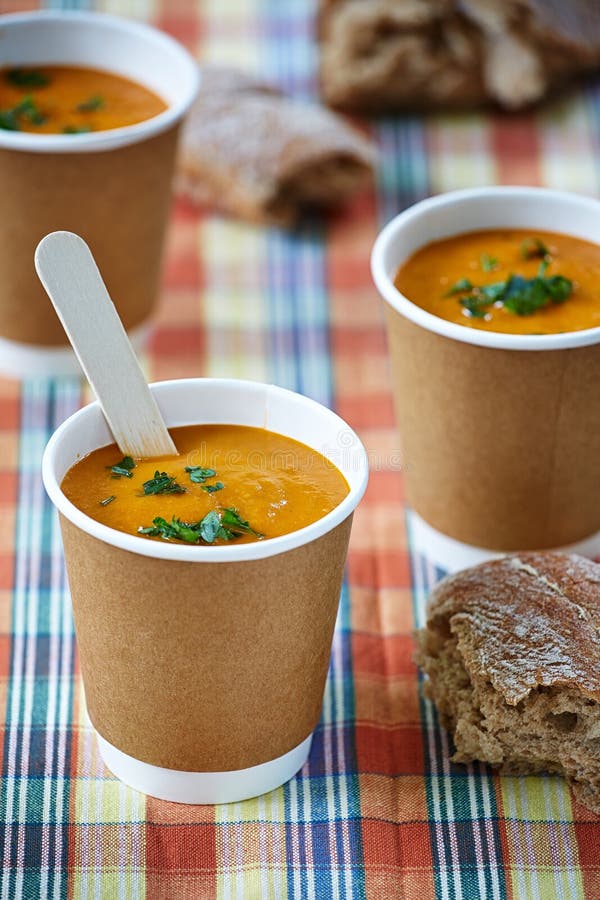 Creme Soup Paper Cups Checked Background Appetizing Vegetable 72885354